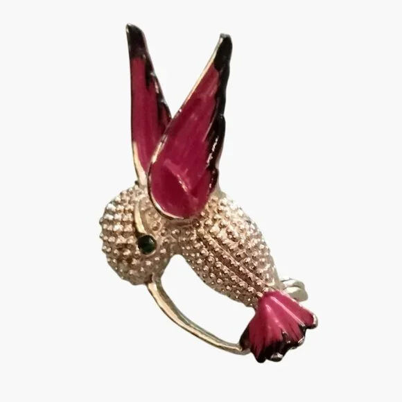 Vintage Hummingbird Brooch Red Enamel Wings Textured Metal Design - Picture 3 of 4